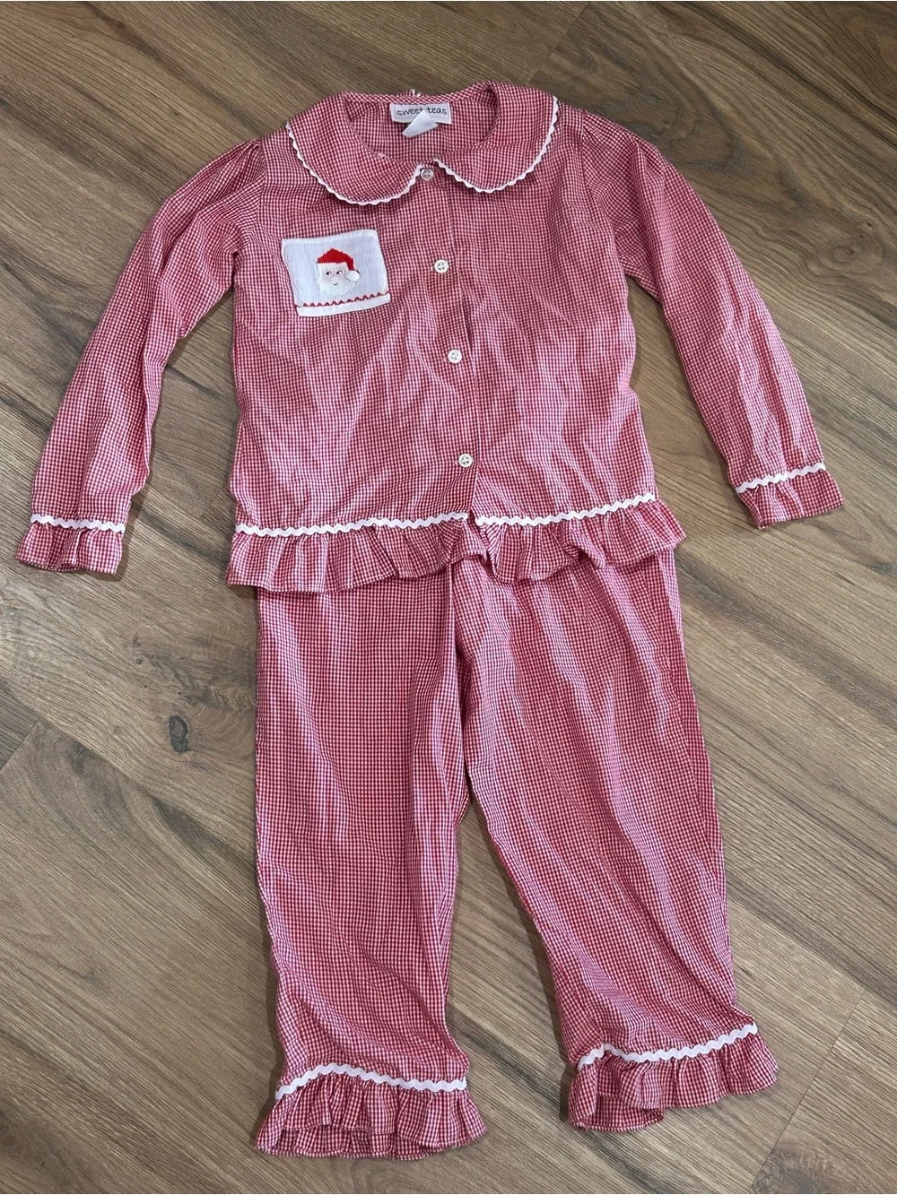 Red Gingham Kids Pajama Set with Santa Pocket Size 5 | Sweet Teas